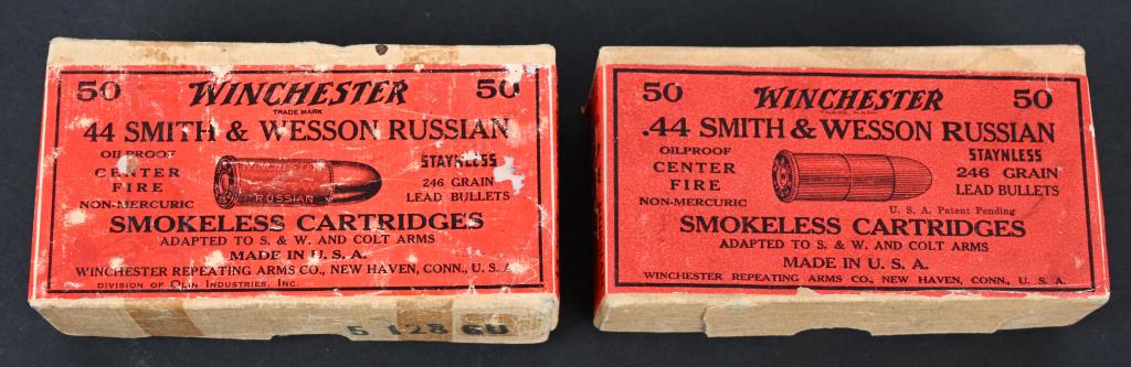 TWO FULL BOXES WINCHESTER .44 RUSSIAN AMMO: Both red label, 2-pc box, full crisp ammo. Both are smokeless powder.