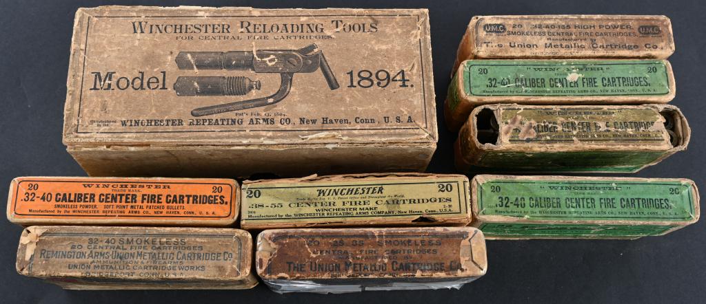 WINCHESTER MODEL 1894 COLLECTION - AMMO & TOOL: Includes four full to near full boxes of 32-40, two empty boxes 32-40, two 25-35 one full, one near. Also, Model 1894 Loading tool.