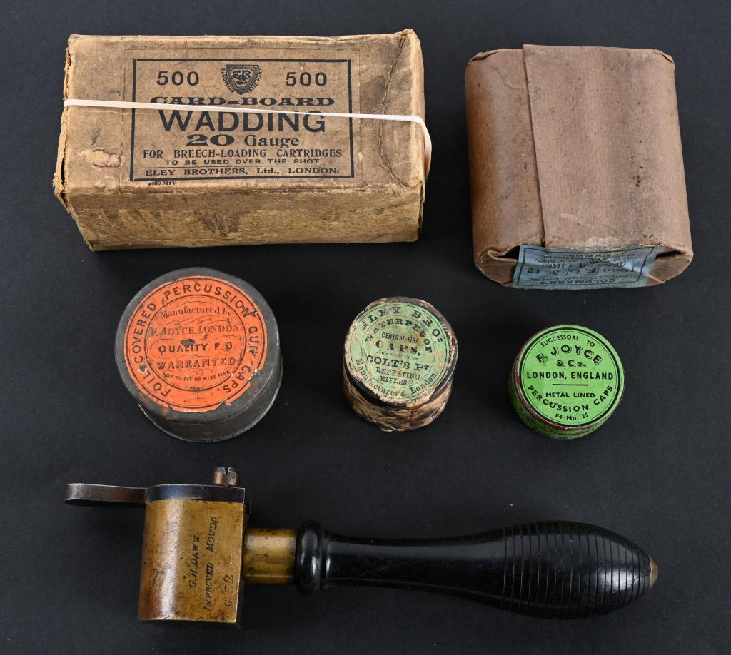 LOT PERCUSSION CAP TINS, LOADING TOOL: If you collect or deal in cased sets, this lot should be of interest. First, there are 10 tins of Winchester caps still sealed in original paper with label. , there is a large full tine of Eley's Colt