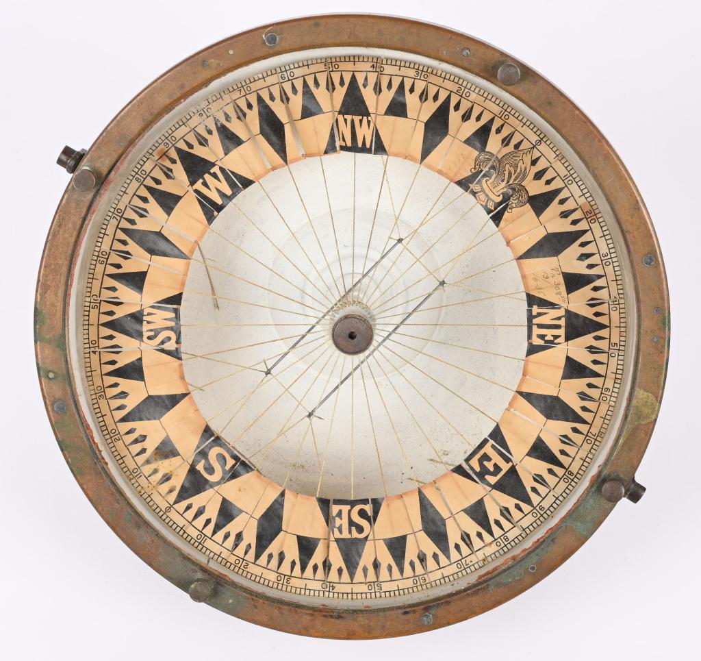 LARGE C1800'S 20 1/2 POUND BRASS SHIP COMPASS: Large lead weighted brass ship compass measuring 11 1/4 inches wide and still functions properly
