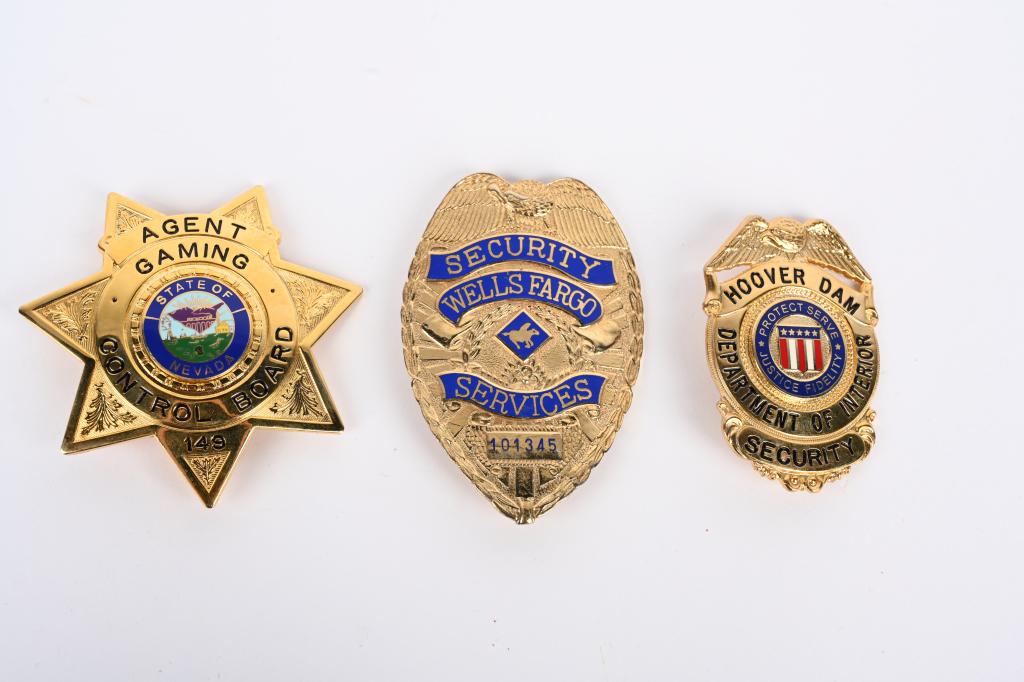 WELLS FARGO HOOVER DAM NAVADA GAMING POLICE BADGE: Obsolete Police And Guard Badge Lot To Include 1) Nevada Gaming Control Board Badge Numbered 149 With A Complete Pin And Catch Assembly To The Reverse. 2) Department Of The Interior Hoover Dam Securit