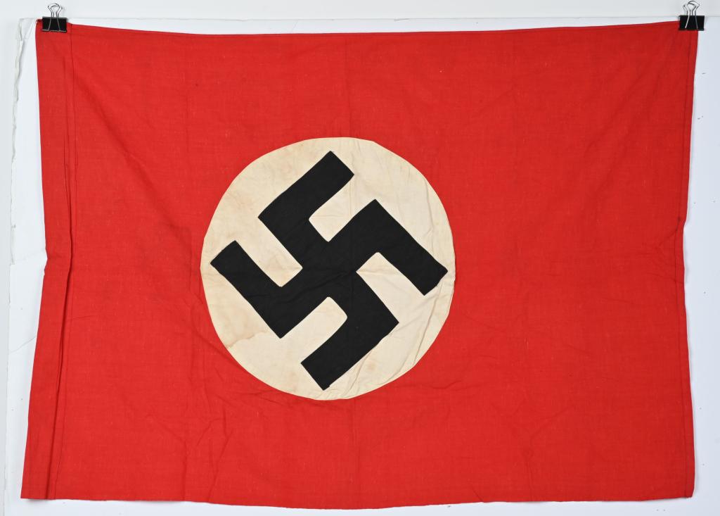 WWII NAZI GERMAN NSDAP WALL BANNER WW2: Multi-piece wool construction banner approximately 35 X 25 inches. To both its red fields are sewn white disks, with a applied mobile swastikas in black. Flag in tunnel looped for easy hanging Excelle