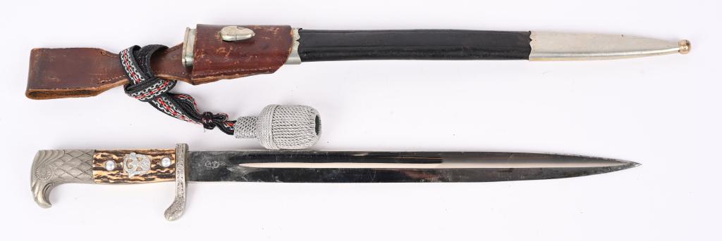 WWII NAZI GERMAN POLIZEI STAG GRIP BAYONET WW2: Early, shortened, reissued, long model, M98/05 Prussian police un-slotted dress bayonet. Roughly 33cm long, bright, nickel/silver plated, drop forged steel blade has full length fullers running off th