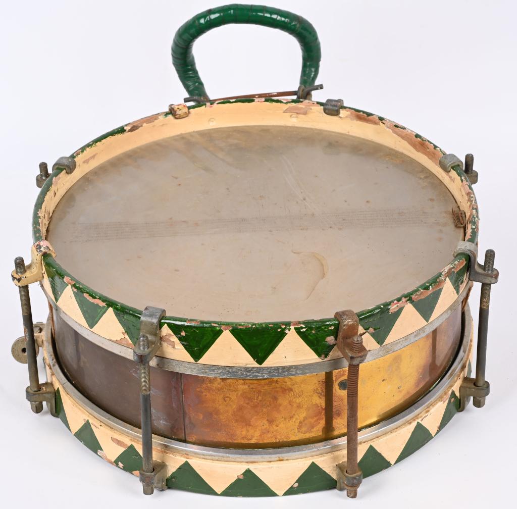 WWII NAZI GERMAN HITLER YOUTH HJ DRUM WW2: A 12.5" diameter and 5 1/4" drum with skins to either face separated by a 16.5cm tall brass surround with upper and lower wooden bands. The thigh brace is riveted to the lower band beneath where the d