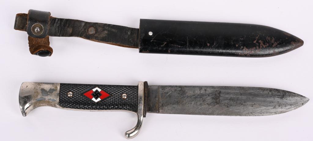 WWII NAZI GERMAN HITLER YOUTH KNIFE WW2 M7/13 WW2: HJ camp knife, with-out blade motto, has a roughly, 5 1/8", (13 cm), long, drop forged, steel construction, single edged, non-fullered, nickel/silver plated, blade and a full length, including the hil