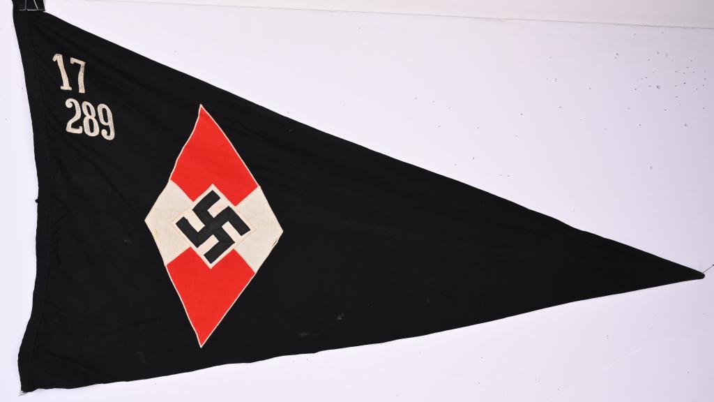 WWII NAZI GERMAN HJ HITLER YOUTH UNIT FLAG WW2: Early 19 x 29 1/2 inches triangular double sided multi-piece cotton construction pennant. Embroidered HJ diamond with 17/289. Shows the expected age and period use. The JM, Jungädelgruppe, (Young