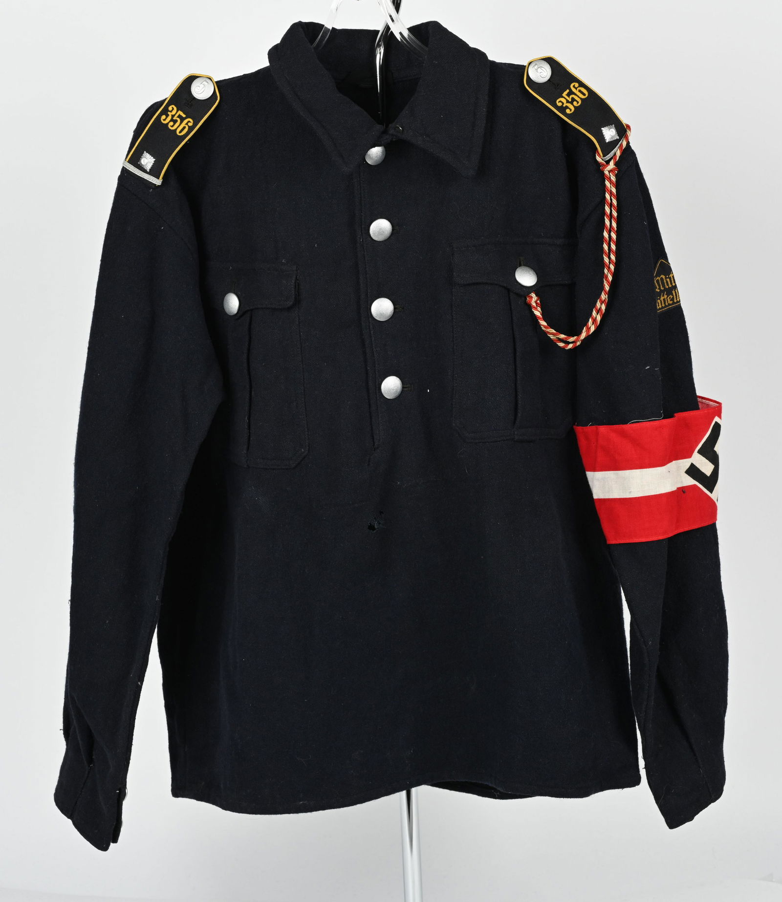WWII NAZI GERMAN HITLER YOUTH MARINE JACKET WW2: Hitler Youth (Hitler Jugend HJ) Black winter pull-over shirt: Made in dark black wool, it is a pullover shirt with two chest pockets with box pleats and pointed flaps. The uniform is size marked 40 to