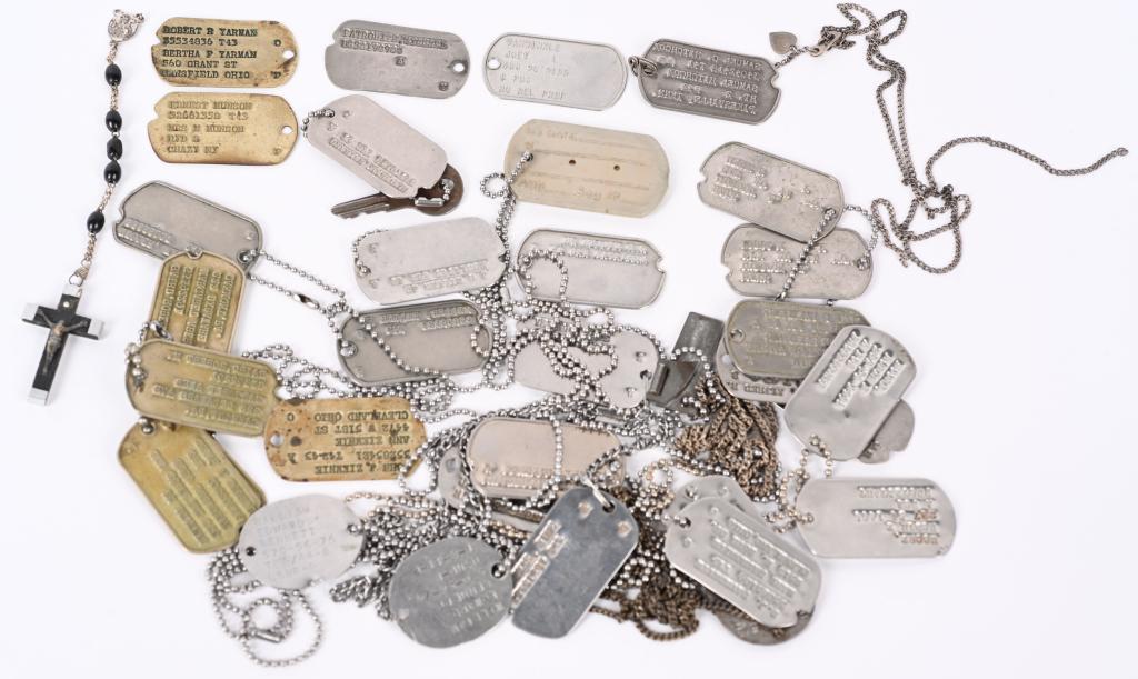 WWII POST WWII US DOG TAG LOT USMC USN ARMY WW2: WWII US Dog Tag lot to include 1) J. D. Miller Jr. ASN 20814545 T42 43 A for Blood Type and P for Protestant 2) Two Sets of Next Of Kin named Dog Tags to the same soldier Robert M. Baird ASN 3339