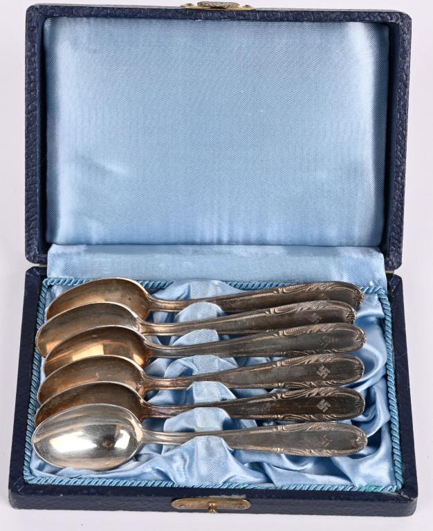 WWII NAZI GERMAN SWASTIKA CASED SET OF SPOONS WW2: WWII Nazi German Mess, cased set of 6 spoons. The spoons measure 4 1/4 and are acid etched with the Swastika symbol and are hallmarked marked to the reverse. Spoons are housed in the original leathere