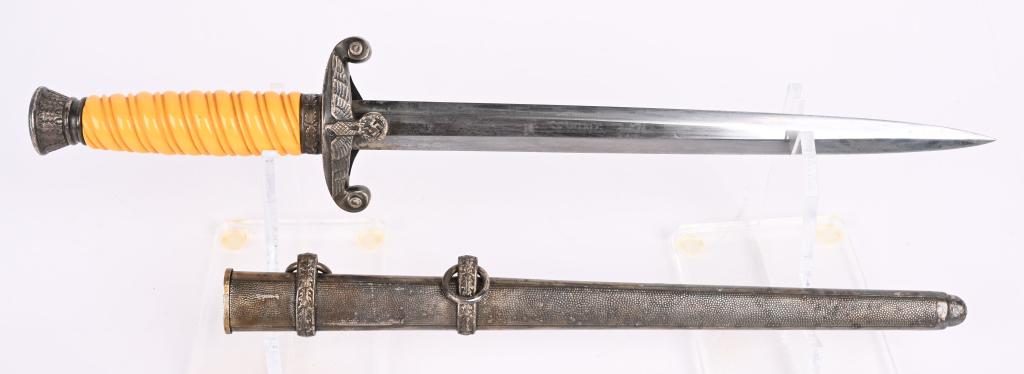WWII NAZI GERMAN ARMY DAGGER BY ROBERT KLASS WW2: The dagger features a roughly 26cm long drop forged steel construction, nickel/silver plated stiletto style blade with a flat central ridge. The blade is in overall excellent condition with minor scab