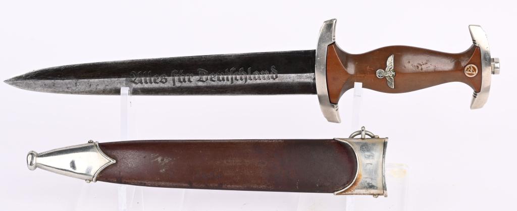 WWII NAZI GERMAN SA M33 DAGGER ERNST BUSCH WW2: Early, (Circa 1933-1934), nice quality dagger features a roughly, 8 3/4", (22.3 cm), long, double edged, nickel/silver plated, drop forged steel construction blade with a low central ridge and a full 