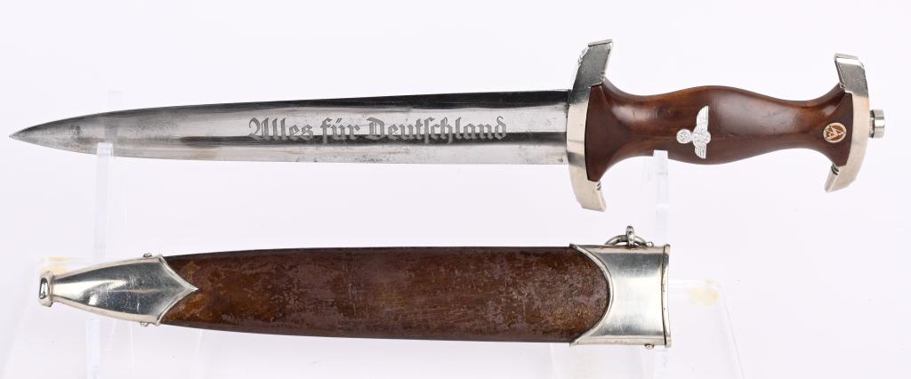 WWII NAZI GERMAN SA DAGGER KAUFMANN & SOHNE WW2: Early, (Circa 1933-1934), nice quality dagger features a roughly, 8 3/4", (22.3 cm), long, double edged, nickel/silver plated, drop forged steel construction blade with a low central ridge and a full 