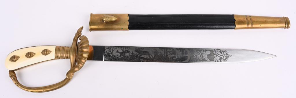 WWII NAZI GERMAN FORESTRY CUTLASS BY CARL EICKHORN: This example is constructed of fine quality brass mounts. The “d” guard is of fairly smooth surfaces having lined borders and at the beginning and end there is a simulated deer hoof. 