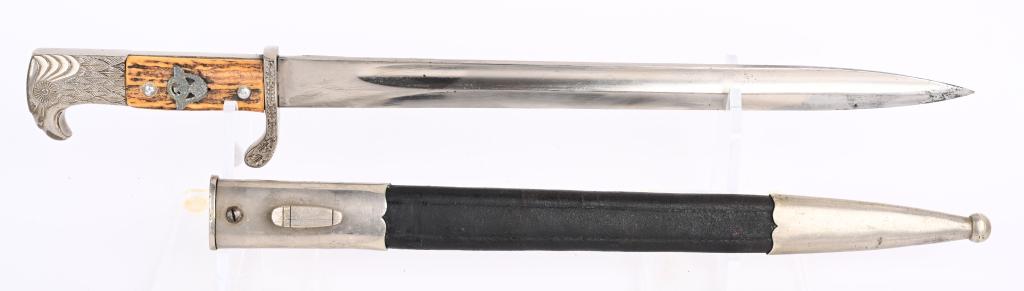 WWII NAZI GERMAN POLIZEI STAG GRIP BAYONET WW2: Early, shortened, reissued, long model, M98/05 Prussian police un-slotted dress bayonet. Roughly 33cm long, bright, nickel/silver plated, drop forged steel blade has full length fullers running off th