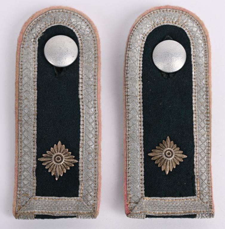 WWII NAZI PANZER UNTERFELDWEBEL'S SHOULDER STRAPS: Early, (November 1938-May 1940), second pattern, blue/green badge cloth construction, slip on shoulder straps with bright silver/aluminum, diamond patterned, NCO’s tress to all the outside edges