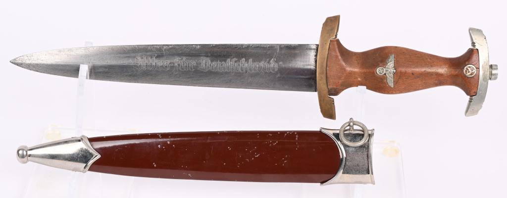 WWII NAZI GERMAN SA DAGGER BY BONTGEN & SABIN WW2: Early, nice quality dagger features a roughly, 8 3/4", (22.2 cm), long, double edged, nickel/silver plated, drop forged steel construction blade with a low central ridge and a full length, including t