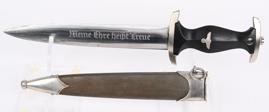 WWII NAZI GERMAN SS DAGGER BY EICKHORN WW2: Early, (circa 1933-34), nice quality dagger features a roughly, 20cm long, double edged, drop forged steel construction, nickel/silver plated blade with a low central ridge. The nickel/silver plated b