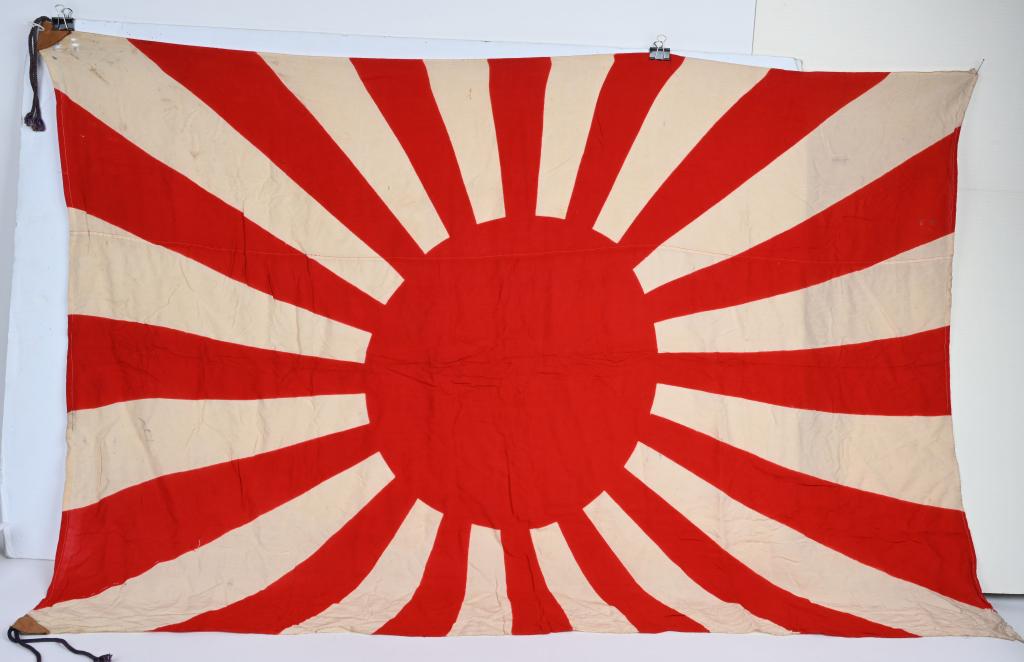 WWII LARGE JAPANESE RISING SUN FLAG WW2: A silk Japanese Rising Sun National Battle flag is a printed flag measuring approximately 42 x 60. Nice untouched example.
