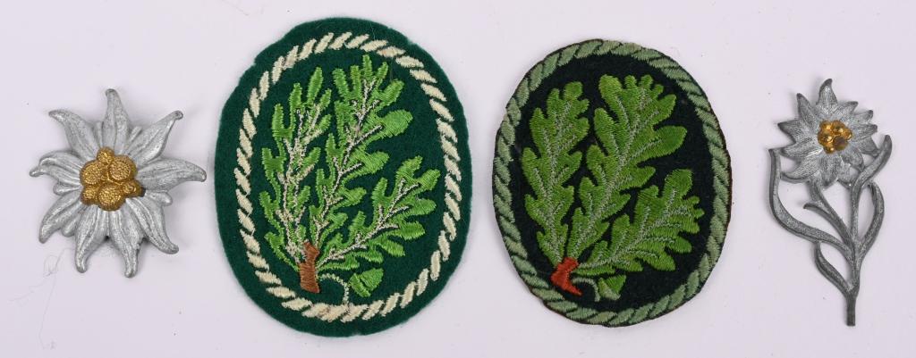 WWII NAZI GERMAN INSIGNIA HEER SA JAGER MOUNTAIN: WWII Nazi Nazi German insignia lot to include 1) JÄGER'S SLEEVE BADGE. Vertically oval, green cloth base features three machine embroidered oak-leaves and a single acorn in mid-green ra