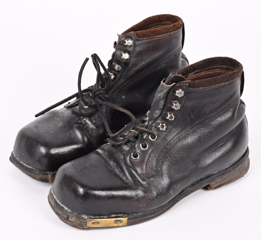 WWII NAZI GERMAN HITLER DJ YOUTH SHOES WW2: Matched pair of Hitler Youth boots in excellent original condition; The soles are put together with wooden pegs and the heels and toes have plates and hobnails. Bottoms are stamped "37". Shoes measure