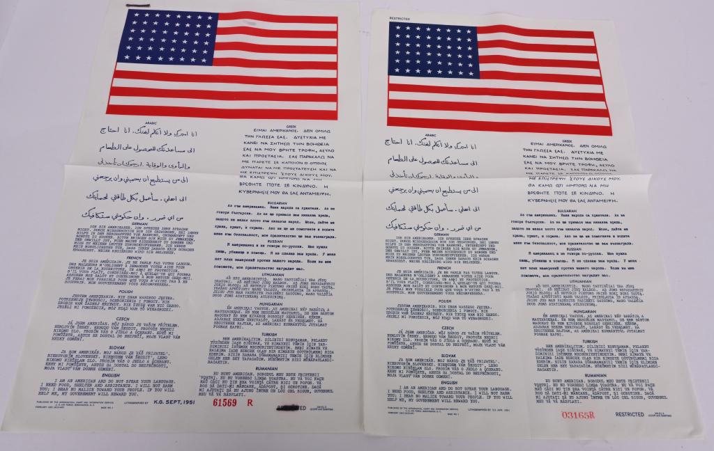 KOREAN WAR RESTRICTED BLOOD CHIT 13 LANGUAGE LOT: Lot of 2 silk blood chits for the Korean War. Blood Chits contain 13 languages including Arabic German French Polish Czech Slovak English Greek Bulgarian Russian Lituanian Hungarian Turkish Ruman