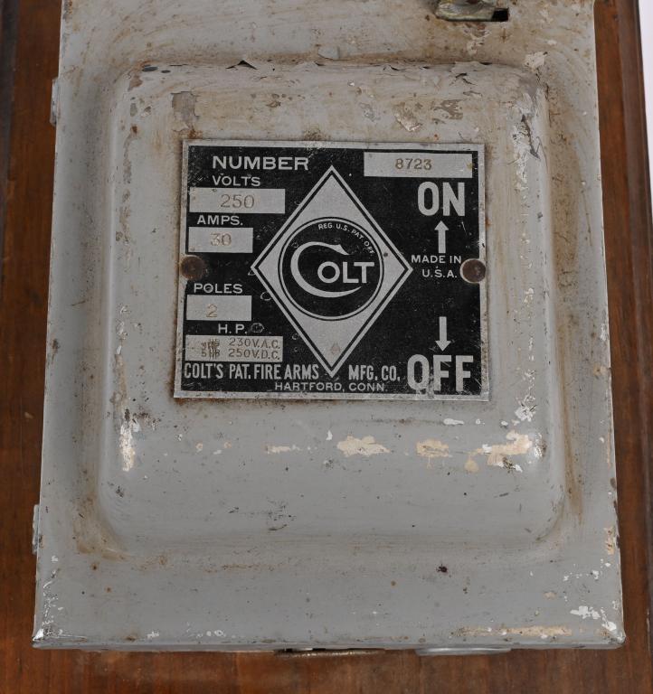 COLT FIREARMS ELECTRIC BREAKER BOX: Vintage Colt Pat. Firearms Mfg. Co Fuse Electric Box Breaker. After WW1 Colt Firearms Company expanded into the electrical business for a short period. The box measures 6" x 7" x 4 1/4". See pictures 