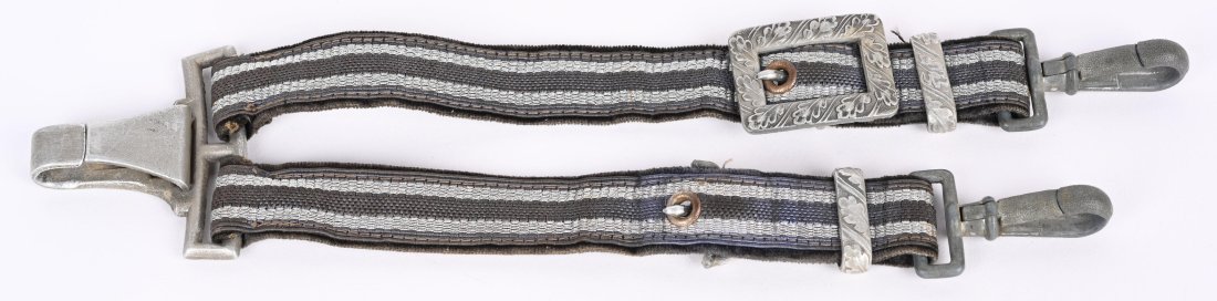 WWII NAZI GERMAN LUFTWAFFE OFFICER DAGGER HANGERS: Luftwaffe Officerâ€™s dagger hangers consisting of two, machine woven, Luftwaffe blue/gray rayon straps with a central, waffle pattern weave flanked by fine, parallel, vertical, silver/aluminum e