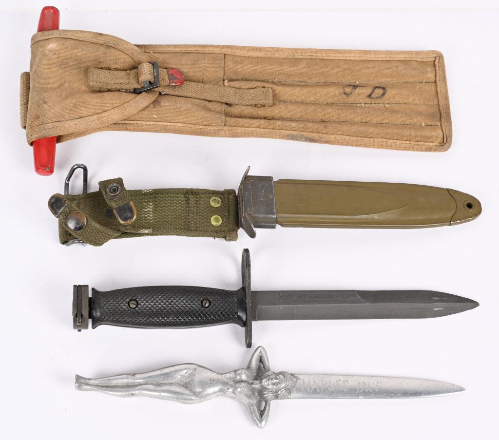 US MILITARY WWII THEATER MADE KNIFE GUN CLEANING: Large lot of military items to include 1) knife in the form of a naked lady and on the blade is marked Naples 1945 measuring 11 inches in total length and crafted out of aluminum 2) The M-7 bayon