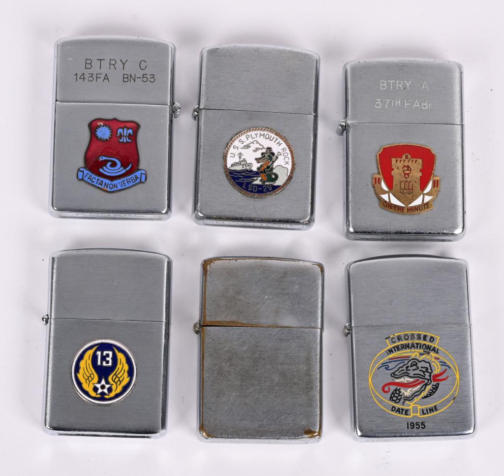 6 US MILITARY ENGRAVED LIGHTERS ZIPPO ACE ROTHCO: Lot of six US military lighters to include 1) Engraved lighter by KONWAL SUPER for Battery C 143rd Field Artillery Battalion 53 in excellent condition 2) Lighter by ROTHCO No. 95 Japan with a DI 