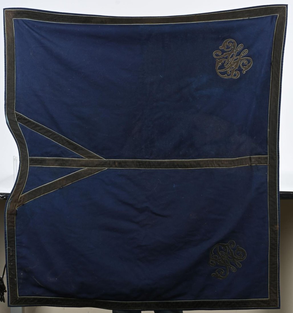 FUNERAL PROCESSION HORSE BLANKET: Military Academy Horse Blanket possibly used for funeral processions measuring 54 X 51 inches and is quite heavy, well made of wool with a blue body with black and light blue trim with a monogram to o