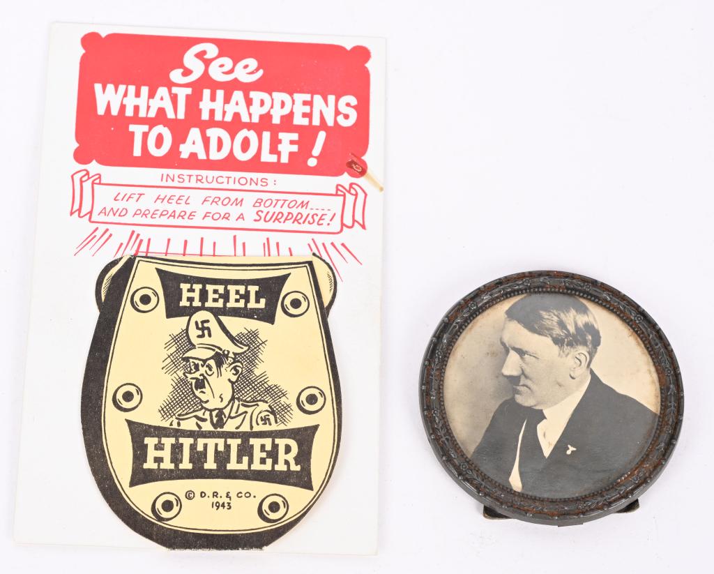 WWII ANTI AXIS ADOLF HITLER HEEL DISPLAY & PHOTO: WWII Nazi German & Anti Axis lot to include 1) Small period framed photo of Adolf Hitler Measuring 2 1/2 inches in diameter. Shows Hitler in a black suit only adorned with a small Eagle clutching a ca