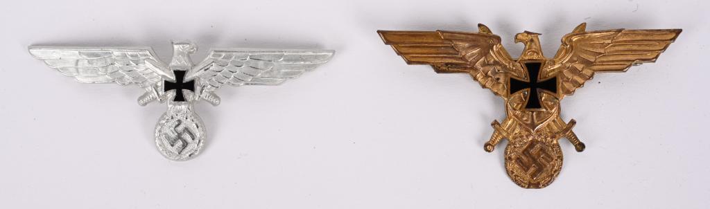 WWII NAZI GERMAN NSKOV MEMBER'S BREAST EAGLE LOT: WWII Nazi German insignia lot to include 1) NSDMB MEMBER'S BREAST EAGLE. A stamped, gilt-washed alloy eagle, whose spread wings have a span of 95mm, with a wreathed, mobile swastika in its talons, and