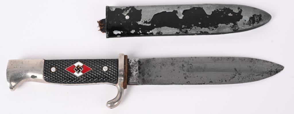 REPRO WWII NAZI GERMAN HITLER YOUTH CAMP KNIFE WW2: Older copy of a HJ camp knife, with-out blade motto, has a roughly, 5 1/8", (13 cm), long, drop forged, steel construction, single edged, non-fullered, nickel/silver plated, blade and a full length, i