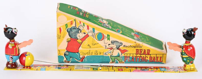 TPS TIN WINDUP BEAR PLAYING BALL w/ BOX: Japan tin windup Bear Playing Ball. All original and complete with 2 Bears tossing Ball. Very nice colors and graphics. Windup works. With nice complete Box.11" Excellent