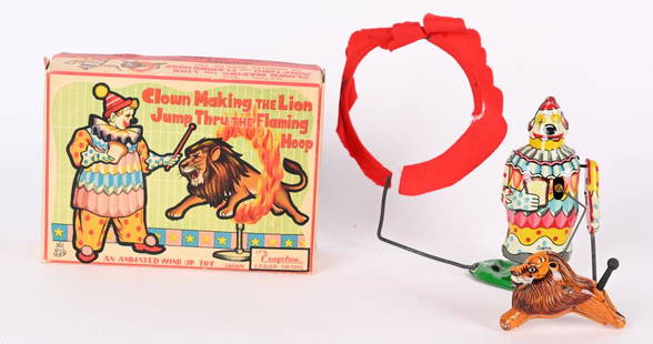 TPS TIN WINDUP CIRCUS CLOWN WITH LION w/ BOX: Japan tin windup Clown Making the Lion Jump Thru the Flaming Hoop. All original and complete with Clown and Lion. Very nice colors. Windup works. With nice complete Box with Insert. 7" Excellent