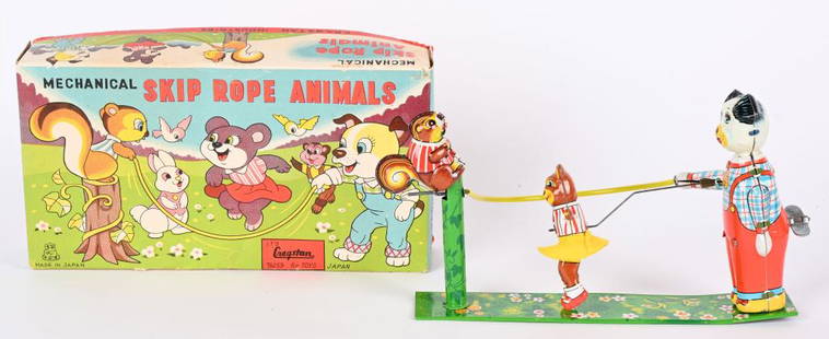 TPS TIN WINDUP SKIP ROPE ANIMALS w/ BOX: Japan tin windup Skip Rope Animals. All original and complete with Dog, Bear, and Squirrl skipping rope. Very nice colors and graphics. Windup works. With nice complete Box.9" Excellent