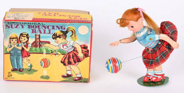 TPS TIN WINDUP SUZY BOUNCING BALL w/ BOX: Japan tin windup Suzy Bouncing ball. All original and complete Girl bouncing ball. Very nice colors. Windup works. With nice complete Box. 5 1/2" Excellent