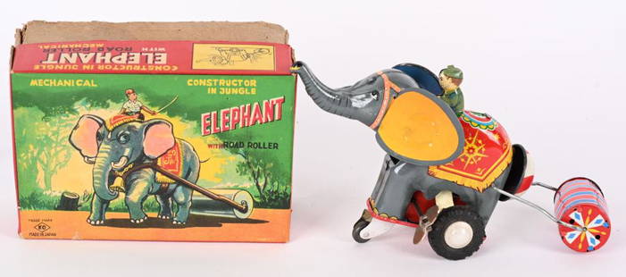 JAPAN TIN WINDUP ELEPHANT ROAD ROLLER w/ BOX: Japan tin windup Elephant Road Roller. All original and complete. Very nice colors. Windup works. With nice complete Box. 6" Excellent