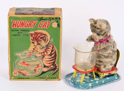 LINEMAR BATTERY OP HUNGRY CAT w/ BOX: Linemar battery operated Hungry Cat. All original and in great condition. Worked when tested. Does not have any Goldfish. With Box with amature repairs, writing, and creases. 9" Excellent