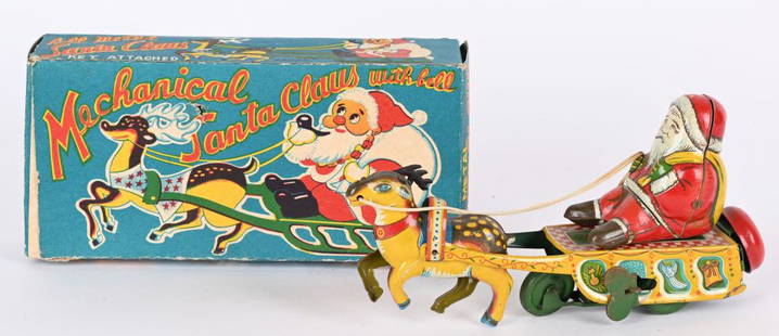 JAPAN TIN WINDUP SANTA CLAUS WITH BELL w/ BOX: Japan tin windup Santa Claus with Bell. All original Santa Claus in Sleigh pulled by Reindeer. Very nice colors. Reindeer missing 1 rubber antler. Windup works. With nice complete Box 7" Excellent