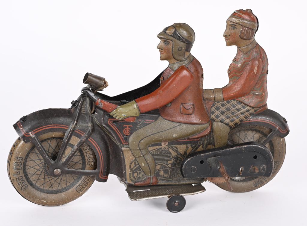 TIPP TIN WINDUP DOUBLE RIDER MOTORCYCLE w/ LIGHT (1 of 4)