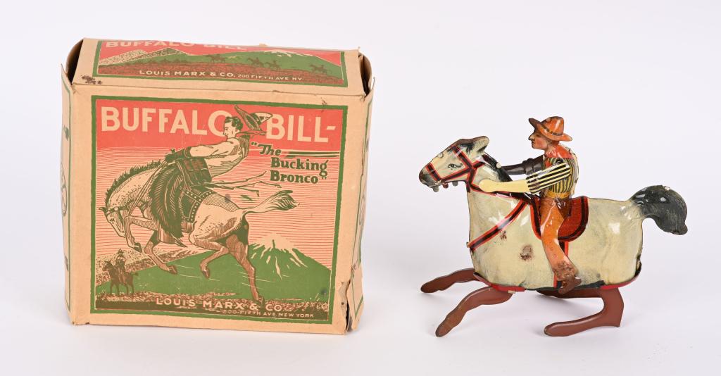 MARX TIN WINDUP BUFFALO BILL ON BRONCHO w/ BOX (1 of 6)