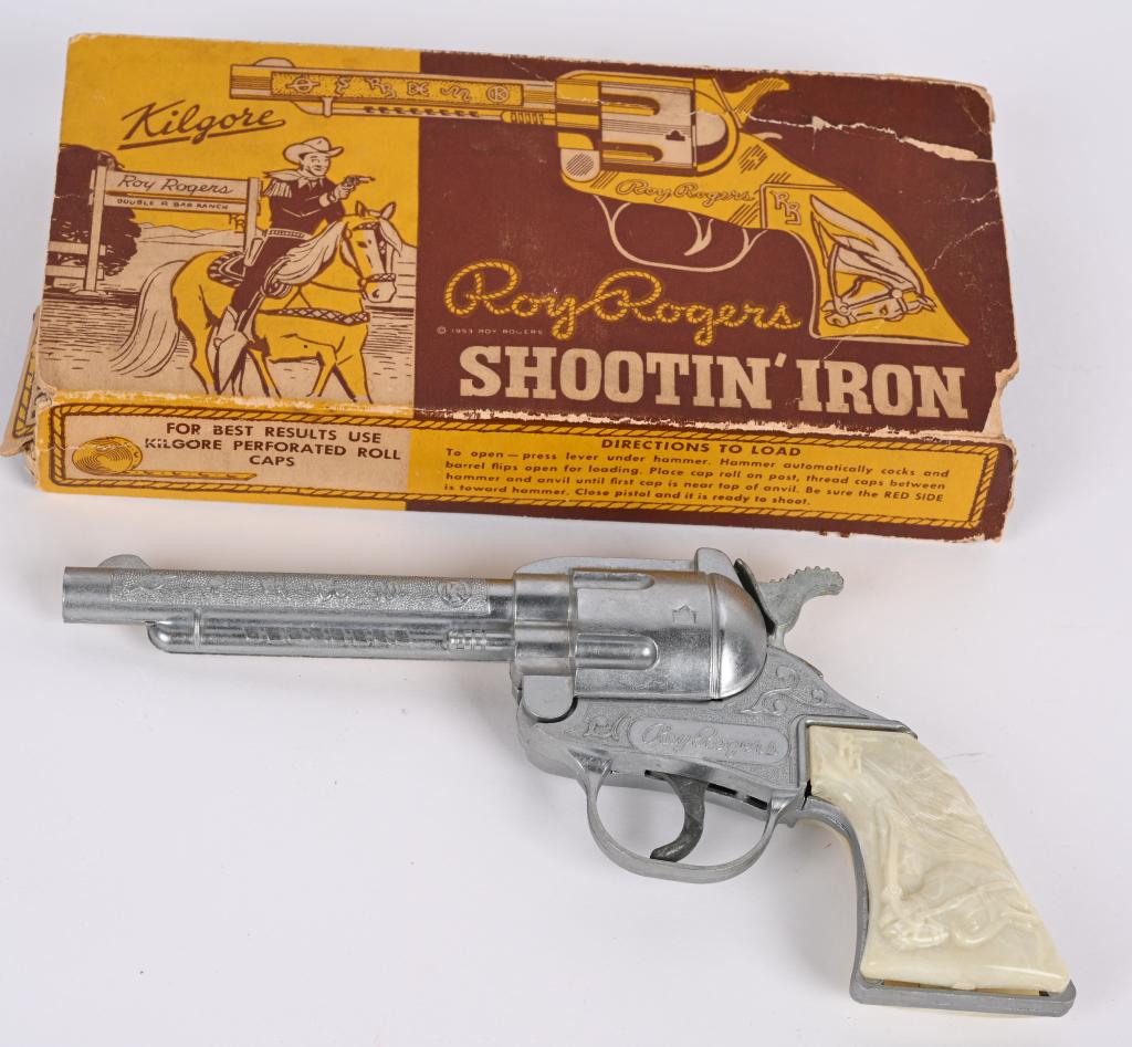 KILGORE ROY ROGERS SHOOTIN IRON CAP GUN w/ BOX: Kilgore Roy Rogers Shootin Iron Cap Gun. All original and in great condition. Action works. With Box missing 1 end flap. 9" Excellent