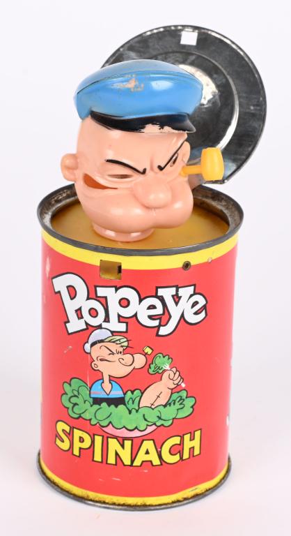 MATTEL TIN POPEYE IN SPINACH CAR SQUEAK TOY: Mattel Popeye in Spinach Car Squeak Toy. All original and works. 7" Excellent