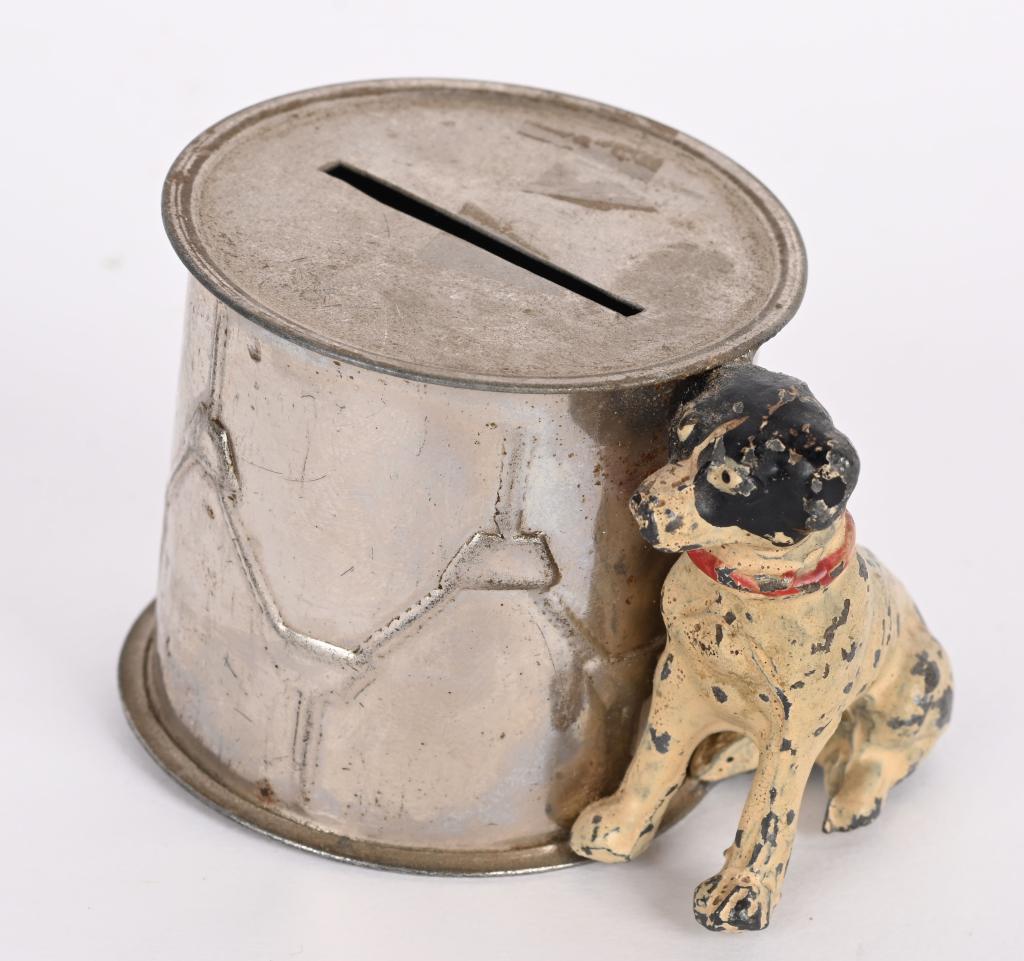 EUROPE TIN & LEAD DOG WITH DRUM STILL BANK (1 of 3)