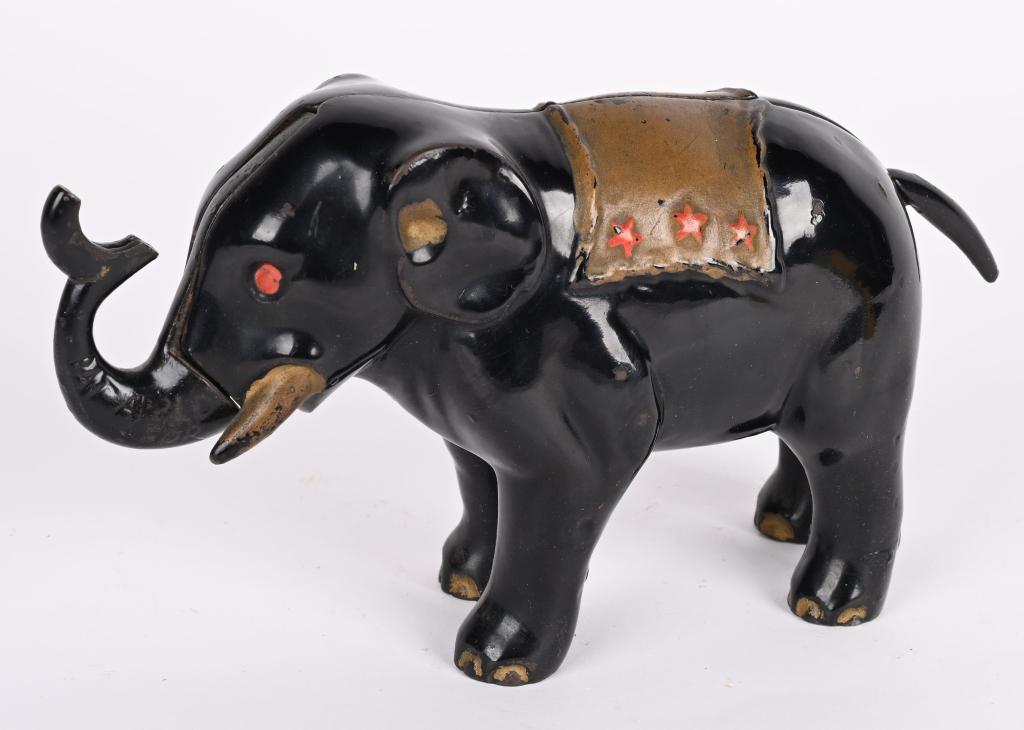 CAST IRON ELEPHANT WITH 3 STARS MECHANICAL BANK (1 of 4)