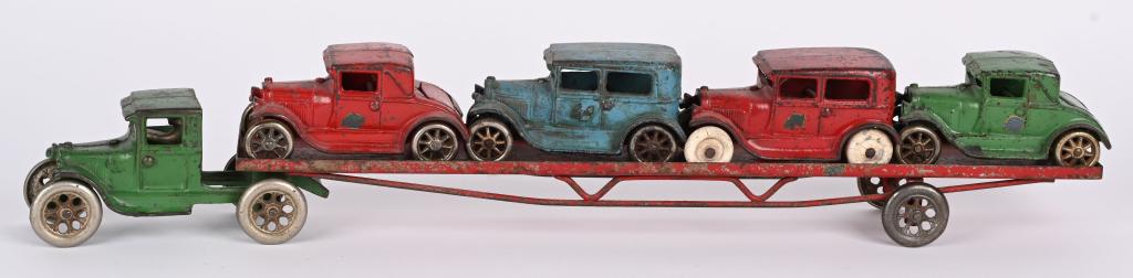 ARCADE CAST IRON MODEL A CAR HAULER w/ CARS (1 of 4)