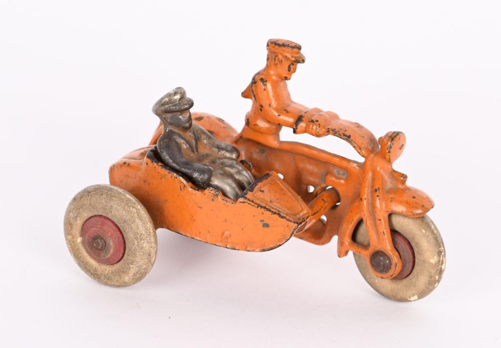 HUBLEY CAST IRON COP SIDECAR MOTORCYCLE, ORANGE (1 of 3)