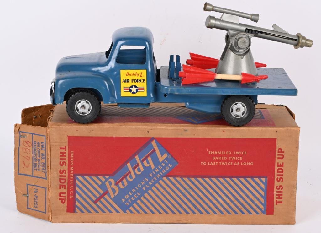 BUDDY L AIR FORCE MISSILE INTERCEPTOR w/ BOX: Buddy L Air Force Missile Interceptor Truck. All original and complete with Missiles. Has some wear and chip on gun tab. With Box 15" Very Good-Excellent