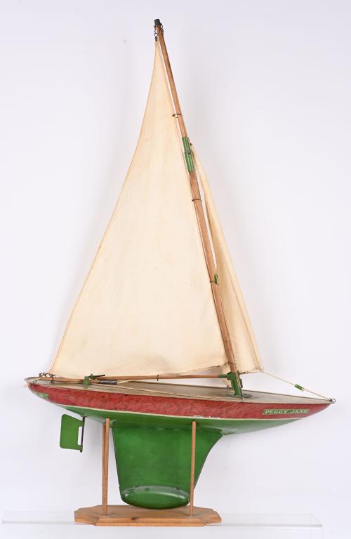 CHEIN PEGGY JANE SAILBOAT: All original tin hull with wood and cloth sails and rigging. 24" Excellent